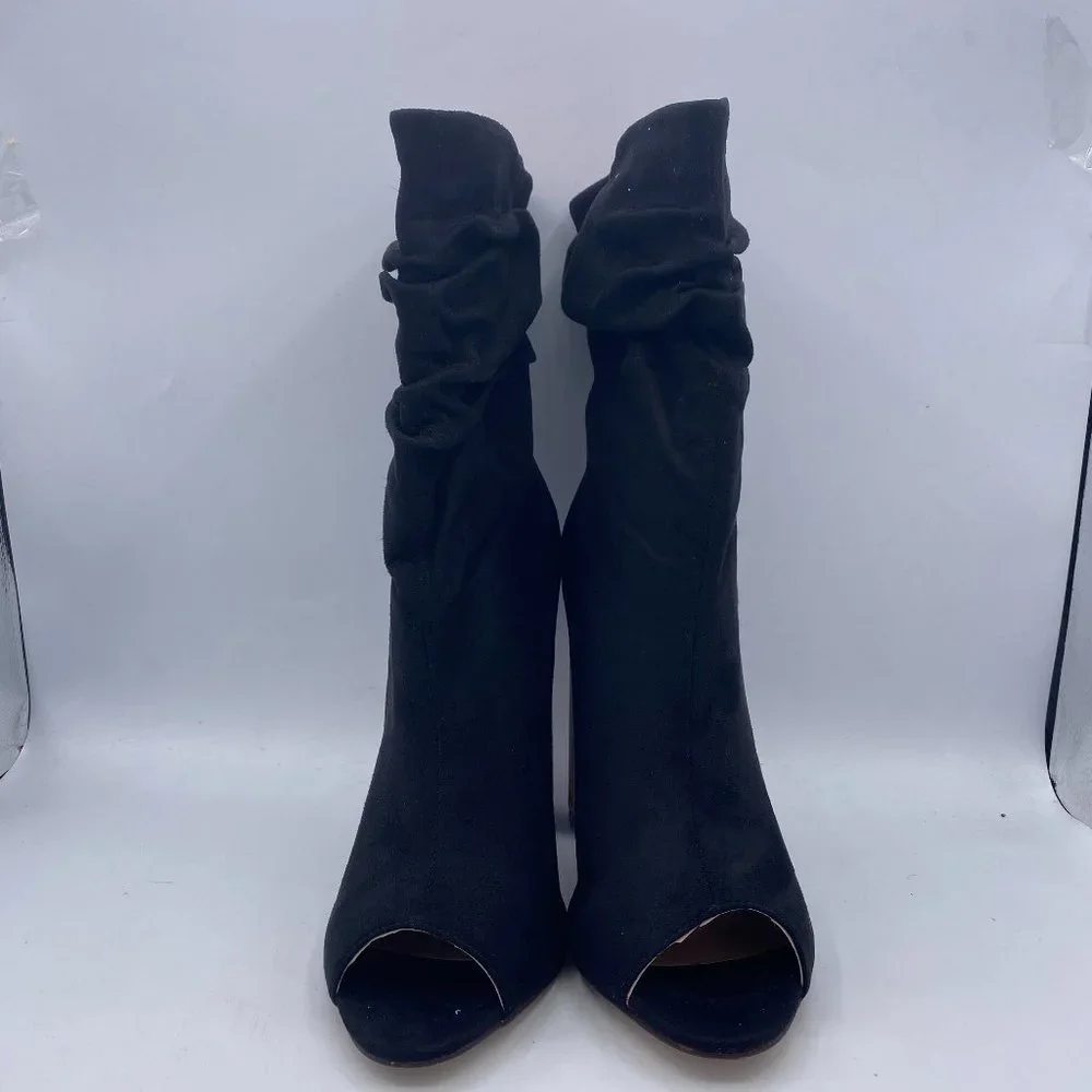 FSJ Black Stylish Peep Toe Slouch Chunky Stacked Heels Ankle Boots - Picture 3 of 13